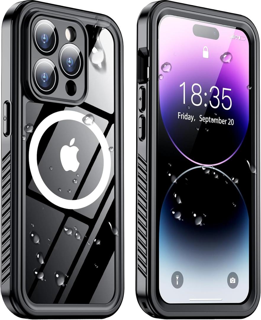 Temdan Magnetic for iPhone 14 Pro Case Waterproof,Built-in Screen Protector[IP68 Underwater][Upgrade Military Dropproof][Compatible with MagSafe] Full Body Shockproof for Phone Case 6.1'' - Black