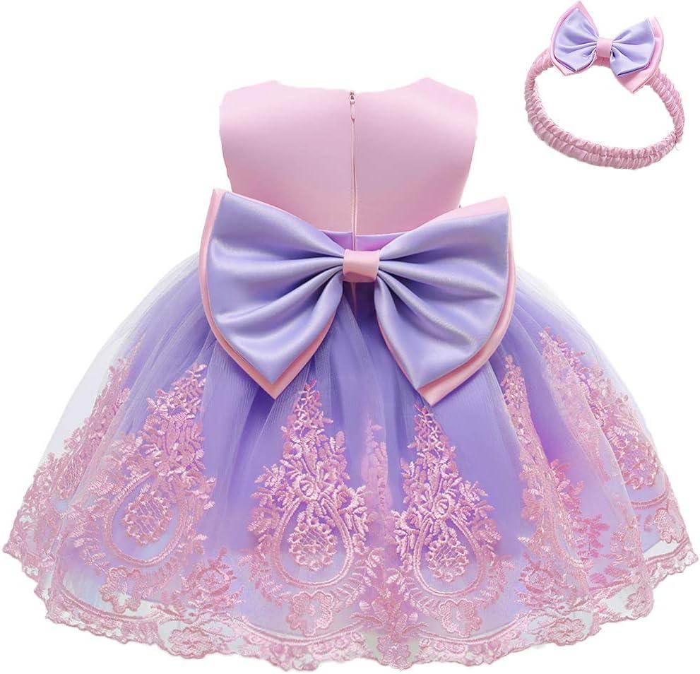 TUIJI 0-6T Big Bowknot Toddler Baby Girls Formal Dresses Pageant Party Lace Embroidery Dress with Headwear