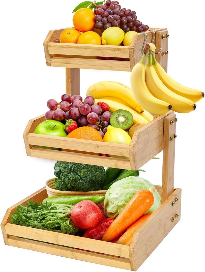 Bamboo 3 Tier Fruit Basket Stand for Kitchen Counter, Tiered Wooden Large Countertop Vegetable Fruit Holder with Banana Hook, Natural