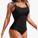 Charmo Womens Scalloped Ribbed One Piece Swimsuits Retro Square Neck Modest Bathing Suits, M, Black