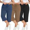 Neer 3 Pack Women's Plus Size Cotton Capris, Stretchy Wide Leg Cropped Pants with Pockets Loose Lounge Pajama Sweatpants (XXL)