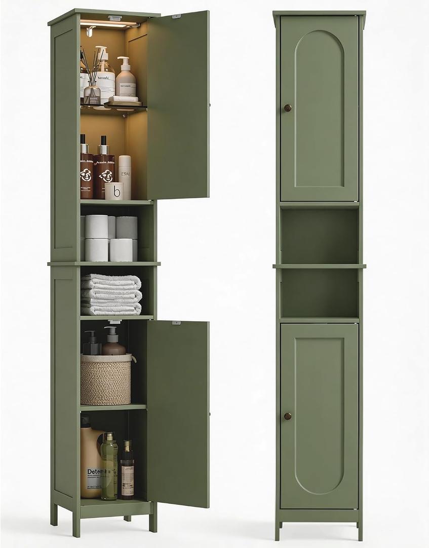 HAIOOU 67" Tall Bathroom Storage Cabinet with Light,11.8"W Narrow Bathroom Cabinet with Adjustable Glass Shelves,Slim Freestanding Cabinet for Small Spaces,Skinny Cabinet for Kitchen,Living Room Green, 11.8"W*11.8"D*66.9"H
