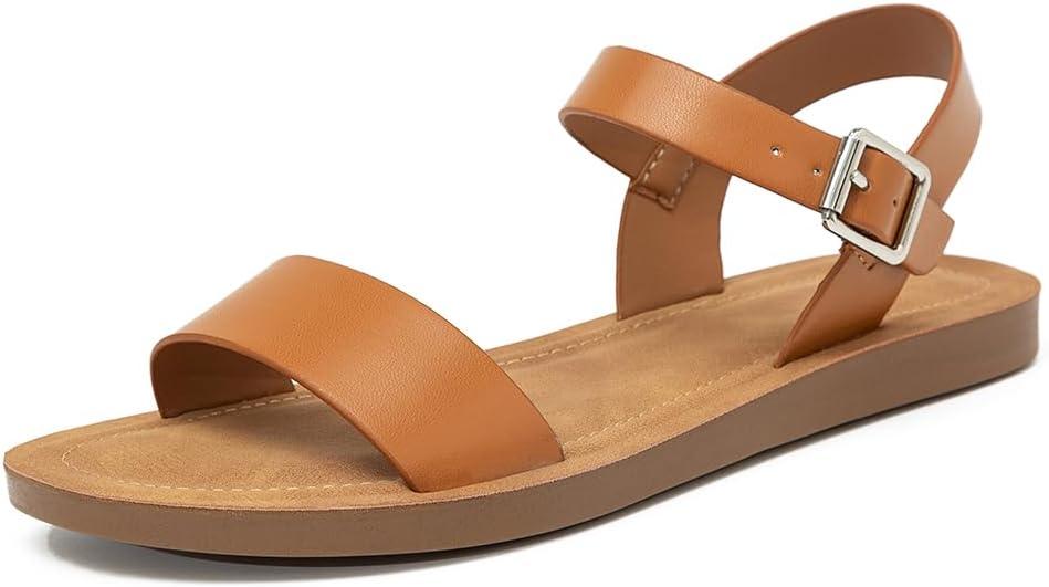 Women's Cute Open Toes One Band Ankle Strap Flexible Summer Flat Sandals With + Memory Foam (M)