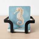 Seahorse Coasters Square Leather Drinks Coaster Set with Holder for Coffee Table Bar Home Decor 4 Inches Set of 6
