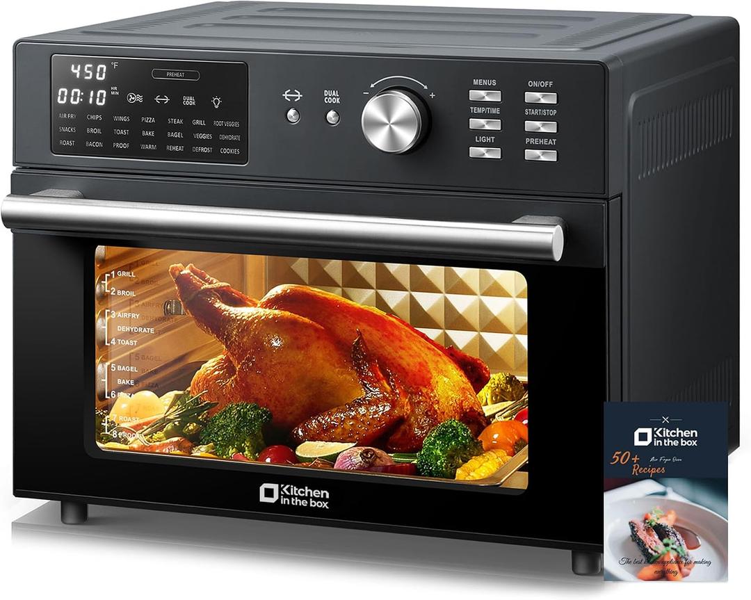 Kitchen in the box 32QT Extra Large Air Fryer Toaster Oven Combo, 21-in-1 Countertop Convection Toaster Oven with Rotisserie and Dehydrate, 6 Accessories, 1800W Dual Cook Preset (Black), 15.8"D x 17.8"W x 13.4"H