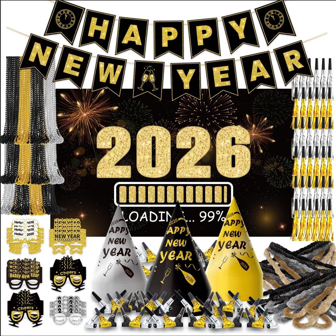 New Years Eve Party Supplies 2026 for 96, New Years Eve Party Decorations, a Banner, 48 Cone Hats, 48 Glasses, 98 Blowouts, 48 Leis, 50 Necklaces and a Backdrop, Great NYE Decorations Pack