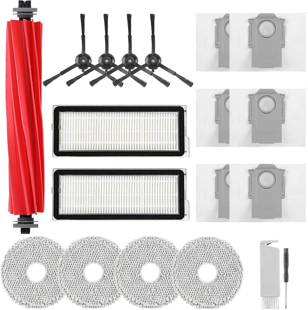 Accessories Replacement Kit for Roborock Q Revo S, Qevo Pro, Qrevo Plus Robot Vacuum, 1 Main Brush, 4 Mop Cloth, 2 Washable Filter, 4 Black Side Brushes, 6 Dust Bag, 1 Cleaning Tool - 18 Pcs
