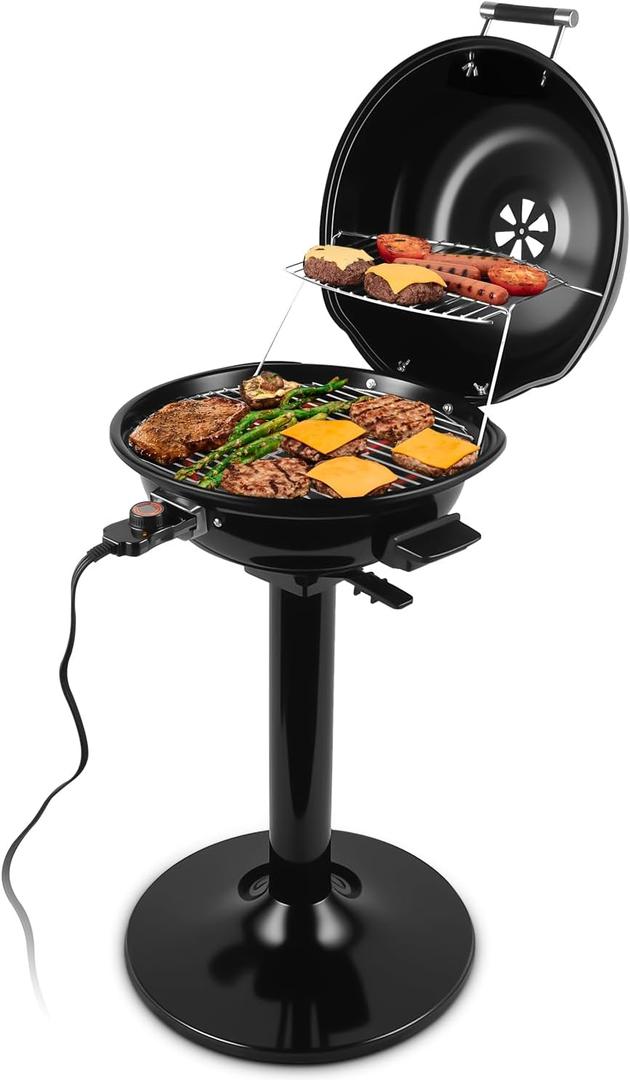 Electric Grill, CUSIMAX Electric Indoor/Outdoor Grill, 1600W Portable BBQ with Lid for Indoor & Outdoor Use, Adjustable Heat, Removable Stand Grill for Cookouts, BBQ Gatherings, Small Spaces (Black)