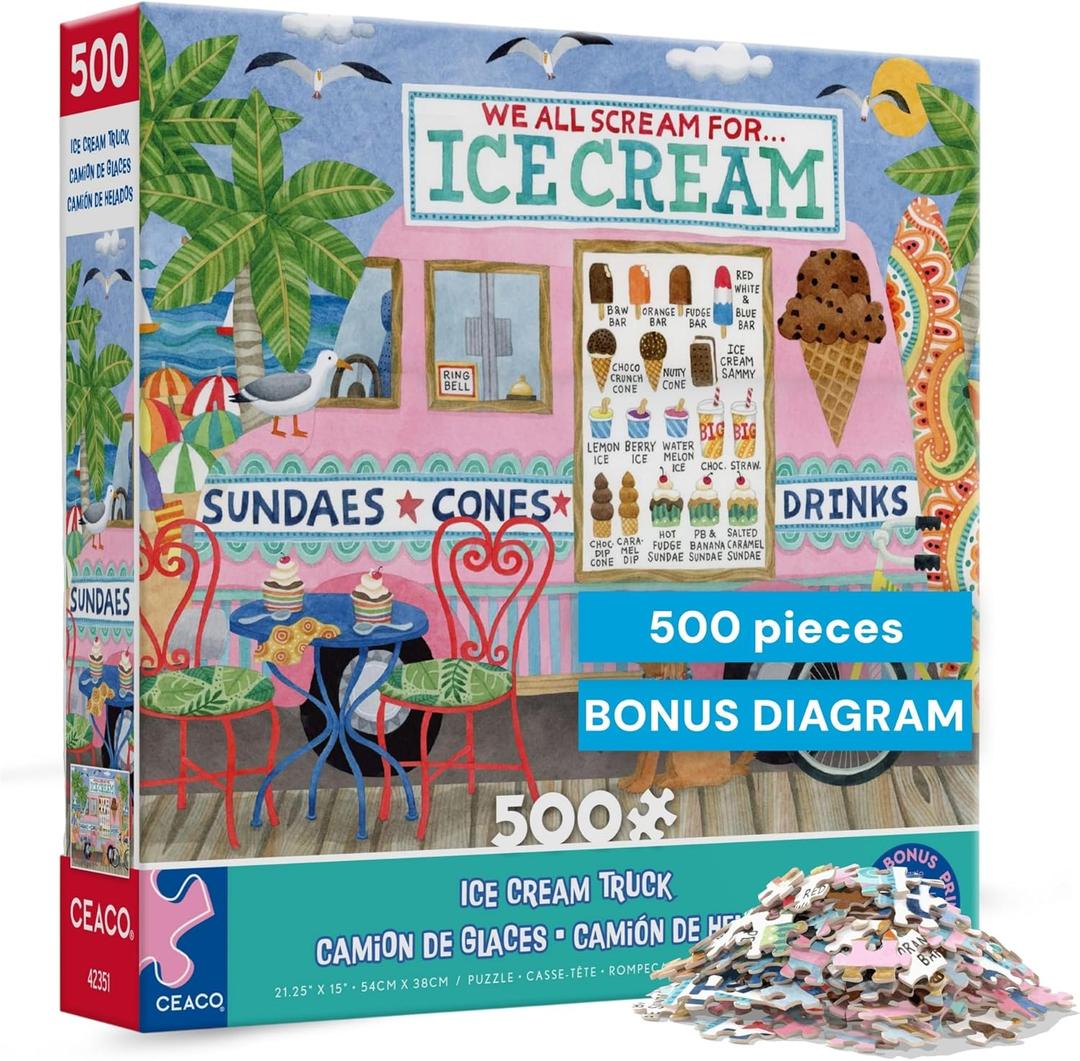 Ceaco- Food Trucks - Ice Cream Truck II - 500 Piece Jigsaw Puzzle for Adults and Families - Colorful Summer Beach Scene with Ice Cream Stand - Finished Size 19 x 19 - Made in The USA