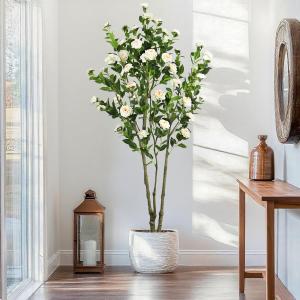 6.89ft Faux Camellia Tree, Handmade Artificial Floral Camellia Tree, Fake Pink White Blooming Flowers Green Leaves, Artificial Plants for Home Front Door Decor Indoor Outdoor Party Wedding