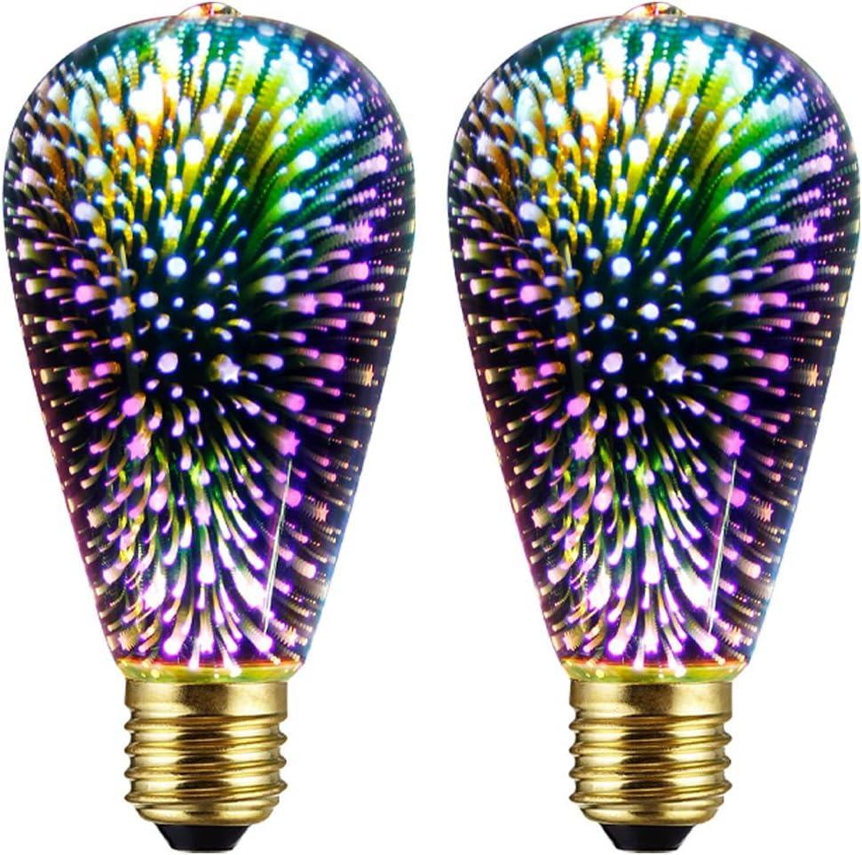 2 Pack Infinity 3D Fireworks Effect ST19 LED Light Bulb - 3W 120V Fairy Multicolor Disco Party Light, Stain Glass Colorful Bulb
