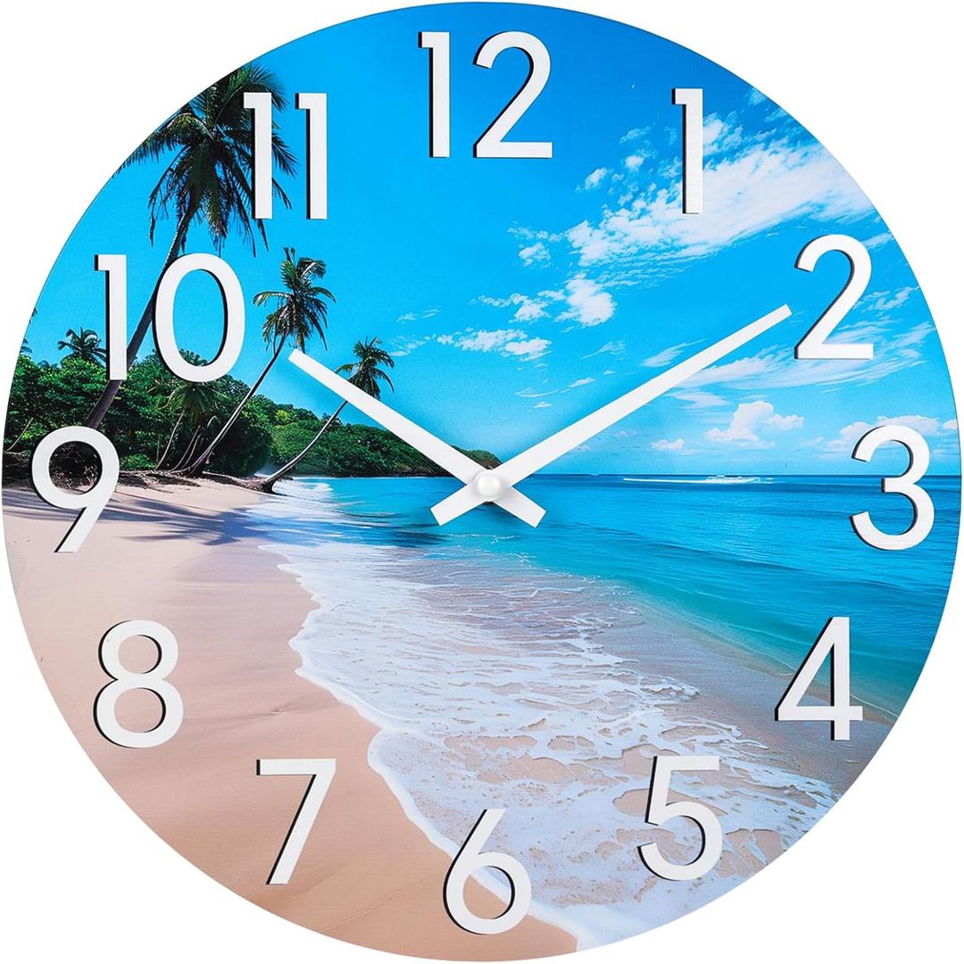 JoFomp Beach Outdoor Clocks for Patio, Large Outdoor Clocks Waterproof 12 Inch with Glass, Outdoor Wall Clocks Battery Operated, Pool Clock Outdoor Weatherproof, Outside Clock for Backyard/Garden