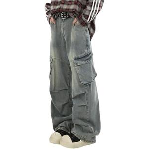 Men's Teens Y2k Baggy Cargo Jeans Washed Wide Leg Hip Hop Denim Pants Casual Loose Fit Trousers Streetwear with Pocket, XL