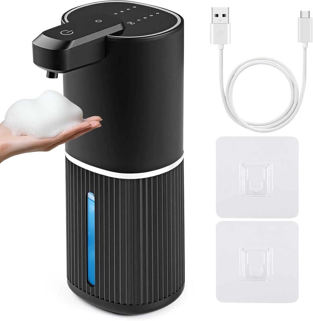 Automatic Soap Dispenser, Foaming Soap Dispenser Touchless with Continuous Dispensing, 4-Level Adjustable, Rechargeable Hand Soap Dispensers, Wall Mounted or Countertop for Bathroom & Kitchen