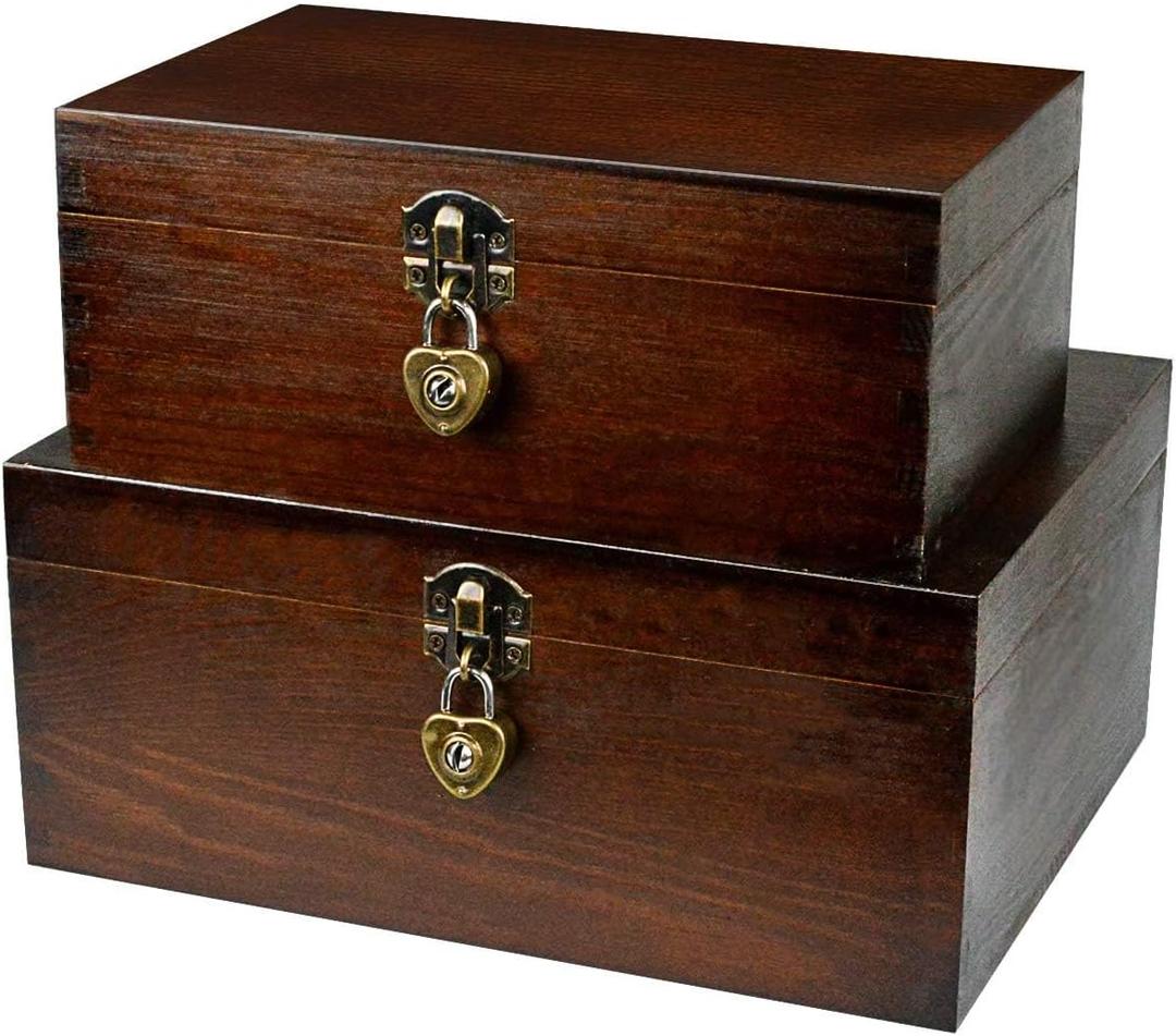 Wood Keepsake Boxes with Lock and Keys Handcrafted Decorative Wooden Storage Case Cabinet Container Hinged Lid Country Rustic Style Organizer for Trinkets Gift Card Collection Coffee Color 2 Pack