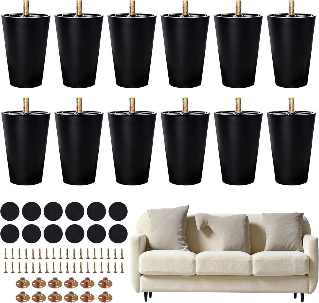 FabricJoy 12 Pack 4 Inch Plastic Furniture Legs Replacement Couch Legs Chair Feet Dresser Sofa Table Cabinet Bed Furniture Feet with M8 T-Nuts Screws Tapered for Home DIY Projects (Black)