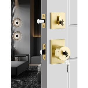 goldenwarm Gold Exterior Door Knob with Deadbolt, Square Contemporary Brushed Gold Exterior Door Lock Set with Deadbolt, Heavy Duty Brass Front Entry Door Locksets with Deadbolt(1 Pack)