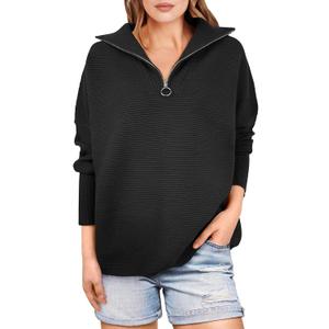 ANRABESS Women Quarter Zip Oversized Casual Loose Rib Knit Cozy Pullover Sweaters Top 2025 Fall Fashion Outfits Clothes (Small, Black)