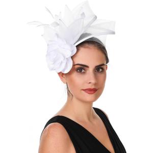 SAFERIN Fascinators Hat Flower Mesh Ribbons Feathers on a Headband and a Clip Tea Party Headwear for Girls and Women (White, M)