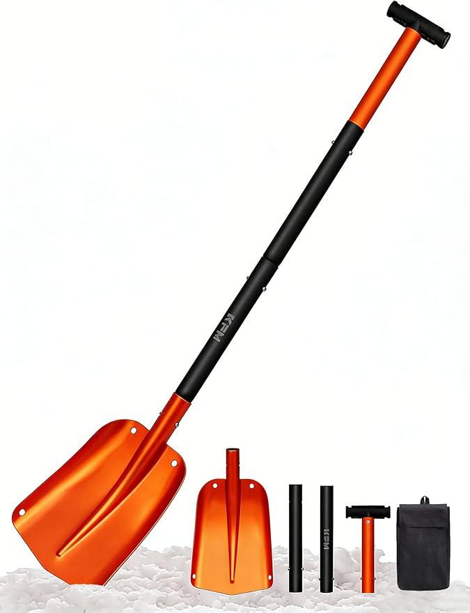 KFM Aluminum Snow Shovel, 22 to 43 Inch Collapsible Adjustable Length Portable Metal Shovel for Car Snow Removal with Carrying Bag Heavy Duty Small Snow Shovel for Ski, Outdoor, Camping, Driveway
