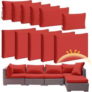 Patelai 11 Pcs Waterproof Patio Cushion Covers for Outdoor Sectional Furniture Wicker Rattan Patio Sofa Couch Chair Seat Pillow Slipcovers, 3 Sizes Covers Only (25.4 x 25.4X 3.54,Red)