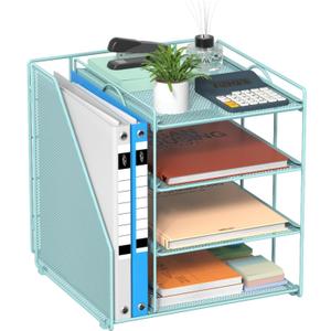 Teal Desk File Organizer and Accessories, 4-Tier Paper Organizer with Vertical File Holder, Office Desk Accessories & Workspace Organizers and Desktop Storage for Office Supplies (Sky Blue)