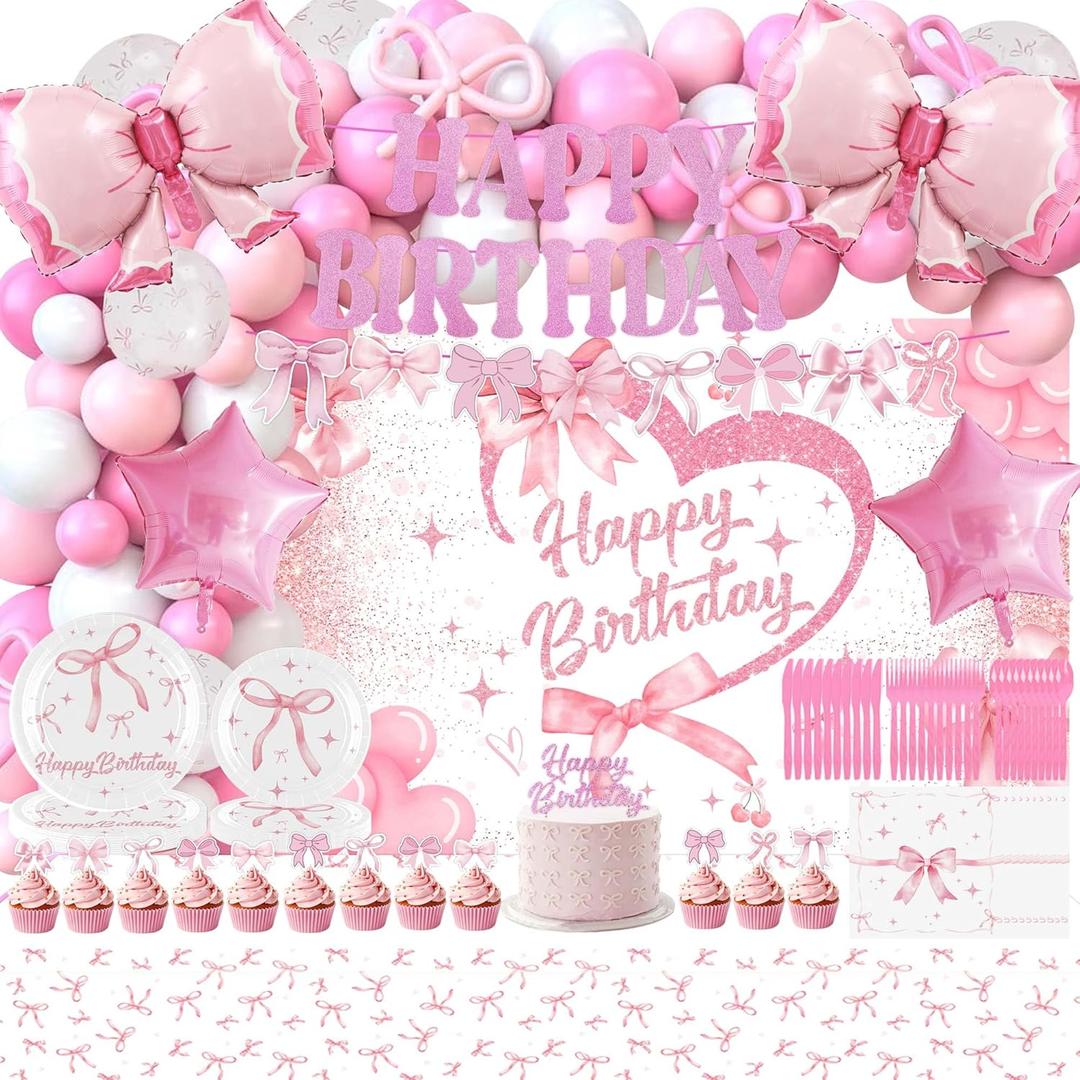 Pink Bow Birthday Decorations, Pink Bow Balloon Arch Kit, Coquette Birthday Decorations Include Bow Plates Napkins Glitter Banner Cake Toppers Tableware Set Backdrop Tablecloth