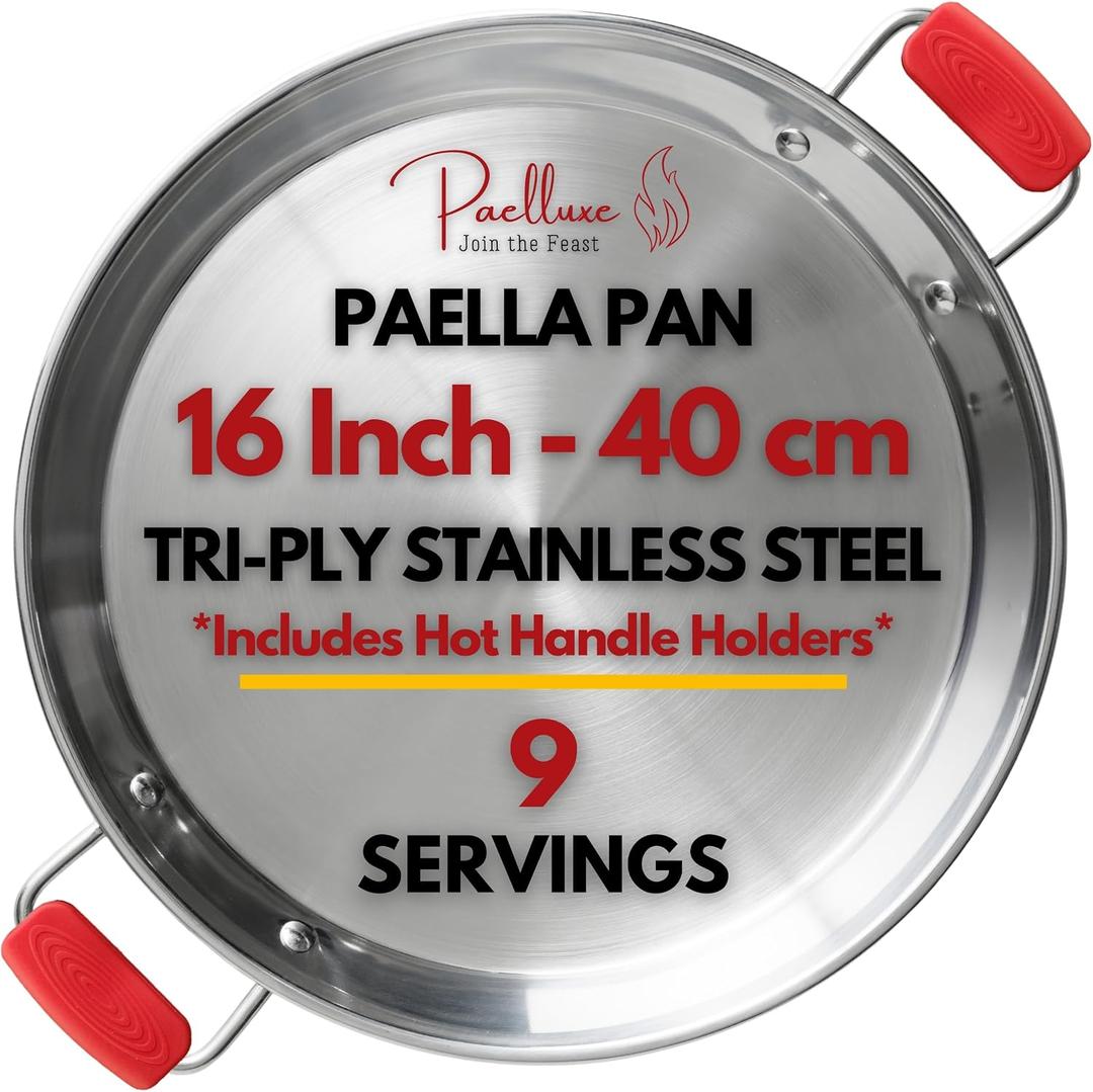 Paelluxe 16" Tri-Ply Stainless Steel Paella Pan 9 Servings Rust-Free, No Seasoning, Induction + Oven Safe Paellera for Paella, Searing, Frying & Outdoor Cooking with Heat-Resistant Handle Covers