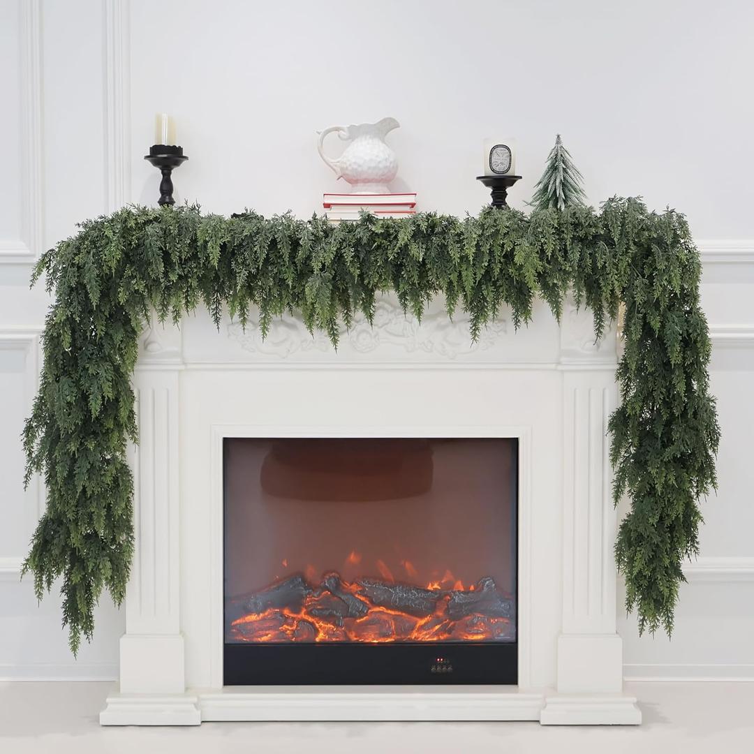 2Pcs Christmas Cedar Garland Artificial Real Touch Thickness Realistic Greenery Pine Garland for Mantle Fireplace Outdoor Indoor Christmas Decorations 6FT