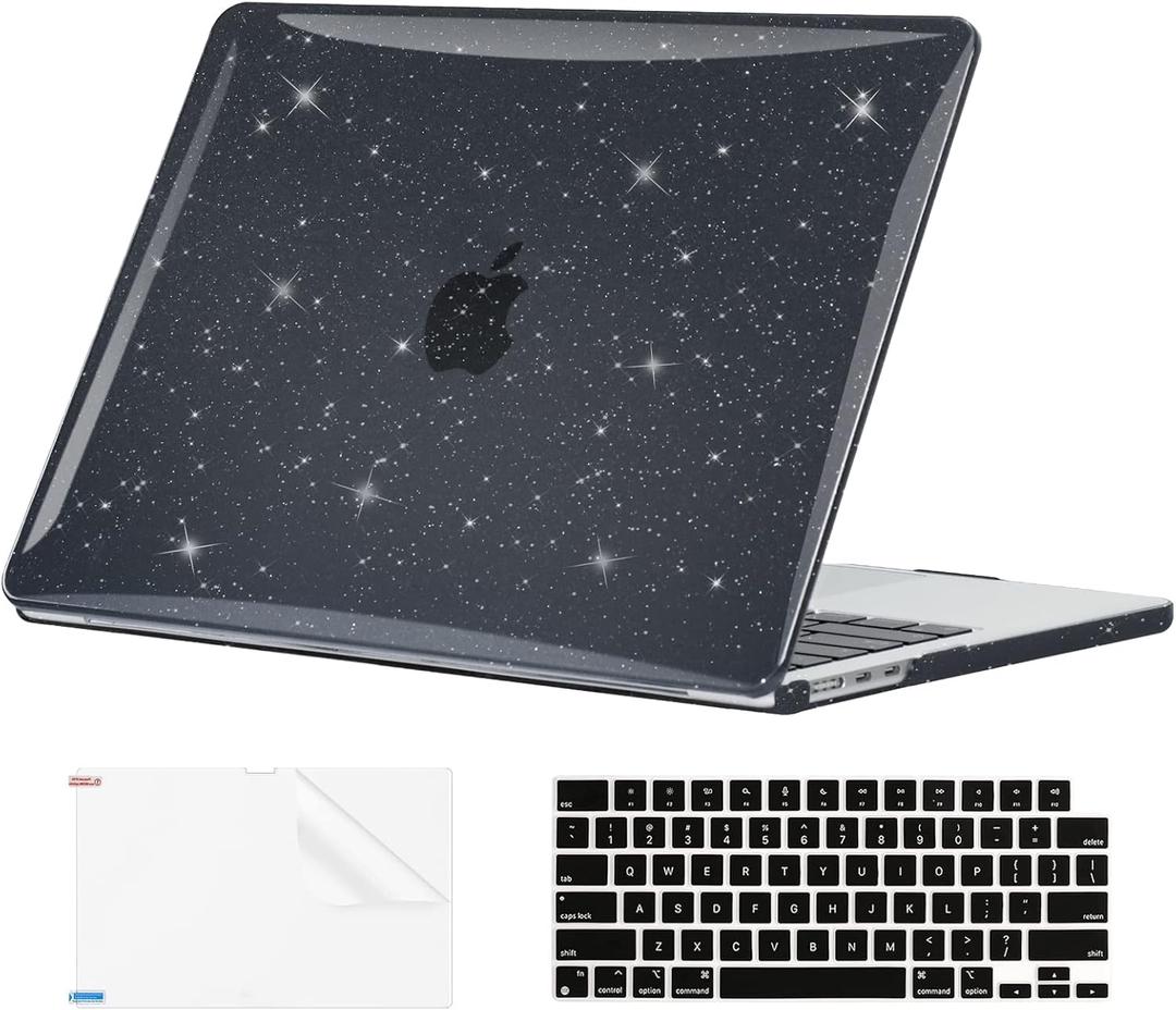 EooCoo Case Compatible with MacBook Air 13 inch M5 2026-2022 Release M4 M3 M2 A3449 A3240 A3113 A2681, Glitter Hard Shell&Keyboard Skin Cover&Screen Protector for Mac Air 13.6 inch, Sparkly Black