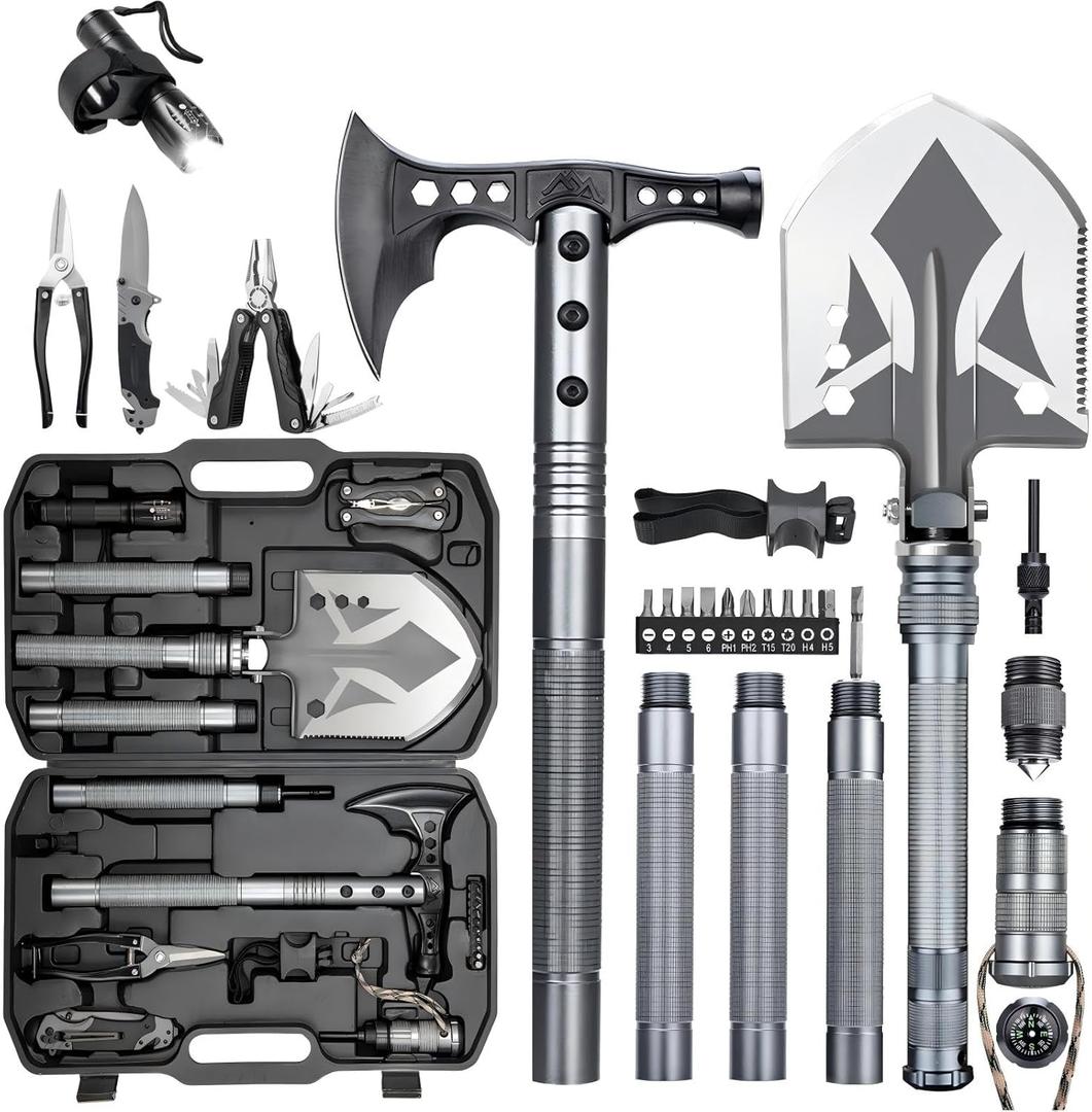 ZENHOSIT Multifunctional Folding Tactical Shovel Hatchet Combo - With Axe, Flashlight, Extension Handles - For Camping, Cycling, Hiking - 19.3-40.9 Inches