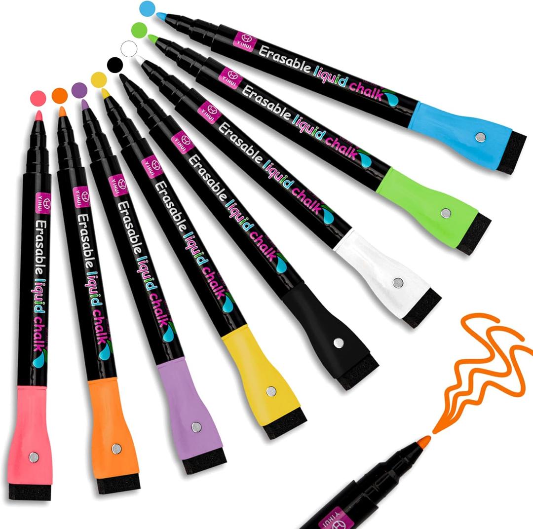 YUNAI Liquid Chalk Markers for Blackboards Magnetic, PCS Dry Erase Glass Markers Chalk Pen for Chalkboard and Glass, Fine Tip Neon Color Erasable Markers