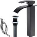 VOTON Vessel Sink Faucet Matte Black Modern Tall Waterfall Bathroom Sink Faucet with Pop-Up Drain Single Handle Bathroom Faucet 1 Hole Bowl Lavatory Vanity Faucet, Rv Sink Camper Farmhouse Faucet