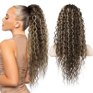 Flufymooz Ponytail Extension, 26 Inch Bohemian Style Drawstring Ponytail Hair Extensions for Women, Long Curly Wavy Pony Tail Natural Synthetic Hairpiece for Women (Ash Brown with Blonde Highlights)