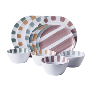 Gibson Home Cottage Stripes 12 Piece Unbreakable Melamine Plates and Bowls Dinnerware Set - Outdoor, Camping, & Everyday Use - Assorted Colors