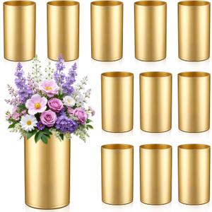 12 Pcs 6 Inch Gold Cylinder Vases for Wedding Centerpieces Tall Decorative Hurricane Candle Holder Bulk Acrylic Gold Flower Vases for Home Office Wedding Decorations