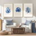 Framed Coastal Coral Watercolor Wall Art for Living Room, Large 3 Piece Navy Blue Coral Artwork for Walls, Minimalist Ocean Beach Marine Plants Pictures Prints for Bedroom Hallway Wall Decor, 20x30 In, 20" W x 30" H x 3Pcs