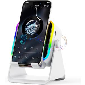 Wireless Induction Speaker - 5 in1 Bluetooth Speaker Phone Stand with Colorful Ambient Light 360 Rotation Compatible with iPhone Android iPad Samsung Galaxy- Unique Birthday Gift for Men Women Adults (White)