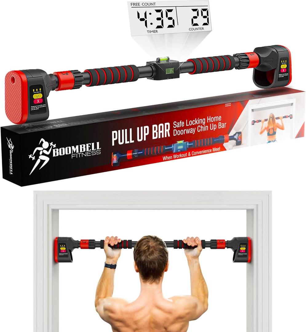 Pull Up Bar for Doorway - Adjustable Doorway Pull Up Bar 30-40 Inches with Digital Rep Counter, Workout Timer & Level - Door Pull Up Bar & Chin Up Bar for Door Frame, Supports 330 lbs, No Screws (For Strong Doorframes)