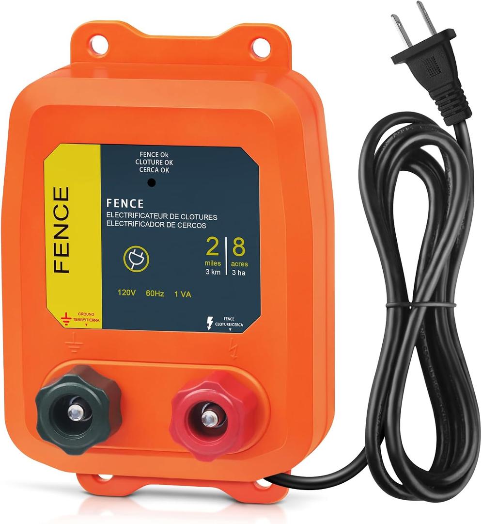 Electric Fence Charger PE2 0.10 Joule, 2-Mile/ 8 Acres Plug in Electric Fence Charger, for Dogs, Livestock, Squirrels, Chicken Coops (Orange)