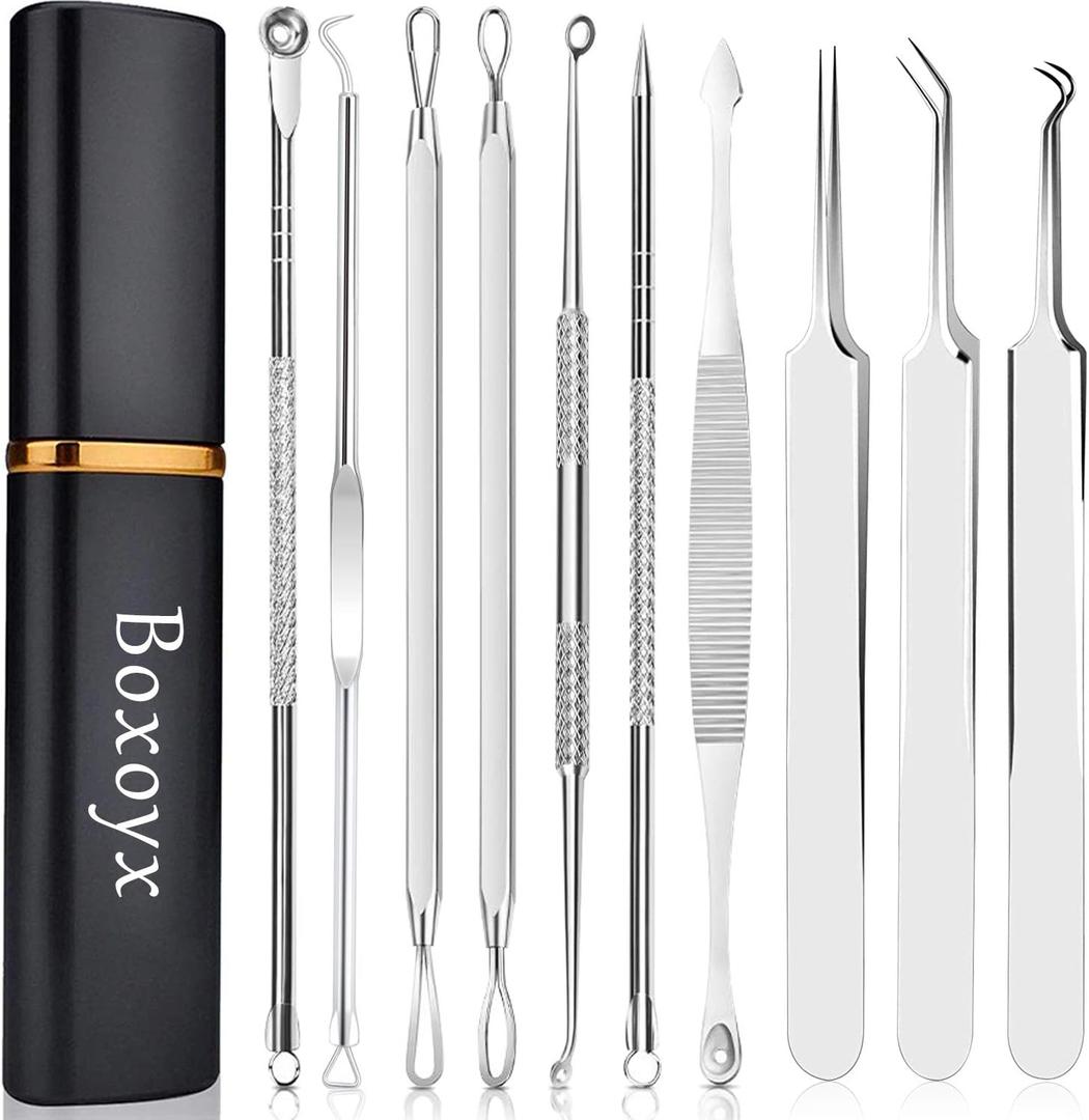 Pimple Popper Tool Kit - Boxoyx 10 Pcs Blackhead Remover Comedone Extractor Kit with Metal Case for Quick and Easy Removal of Pimples, Blackheads, Zit Removing, Forehead,Facial and Nose(Silver)