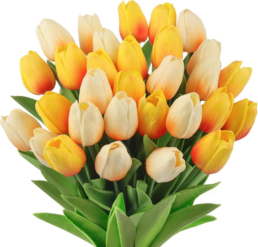 MACTING 30 PCS Artificial Tulip Flowers 13.7" Real Touch Fake PU Tulips Bouquet Faux Flowers for Floral Arrangements Table Centerpiece Home Kitchen Indoor Outdoor Summer Decor (Mix Yellow)