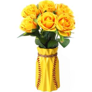 Suncalla 6 Pcs Softball Rose with Leaves Bulk Artificial Fake Softball Roses Decor Flower Gifts for Table Centerpieces Wedding Gifts Ball Theme Rose Bouquet Party Favors, Vases Not Included
