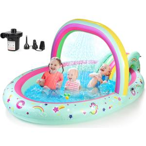 SULIFEEL Rainbow Unicorn Inflatable Play Center Kiddie Pool with Slide and Sprinkler for Children, 96''x59''x39''in Baby Pool for Backyard and Garden, Free Inflatable Pump, Rainbow 
