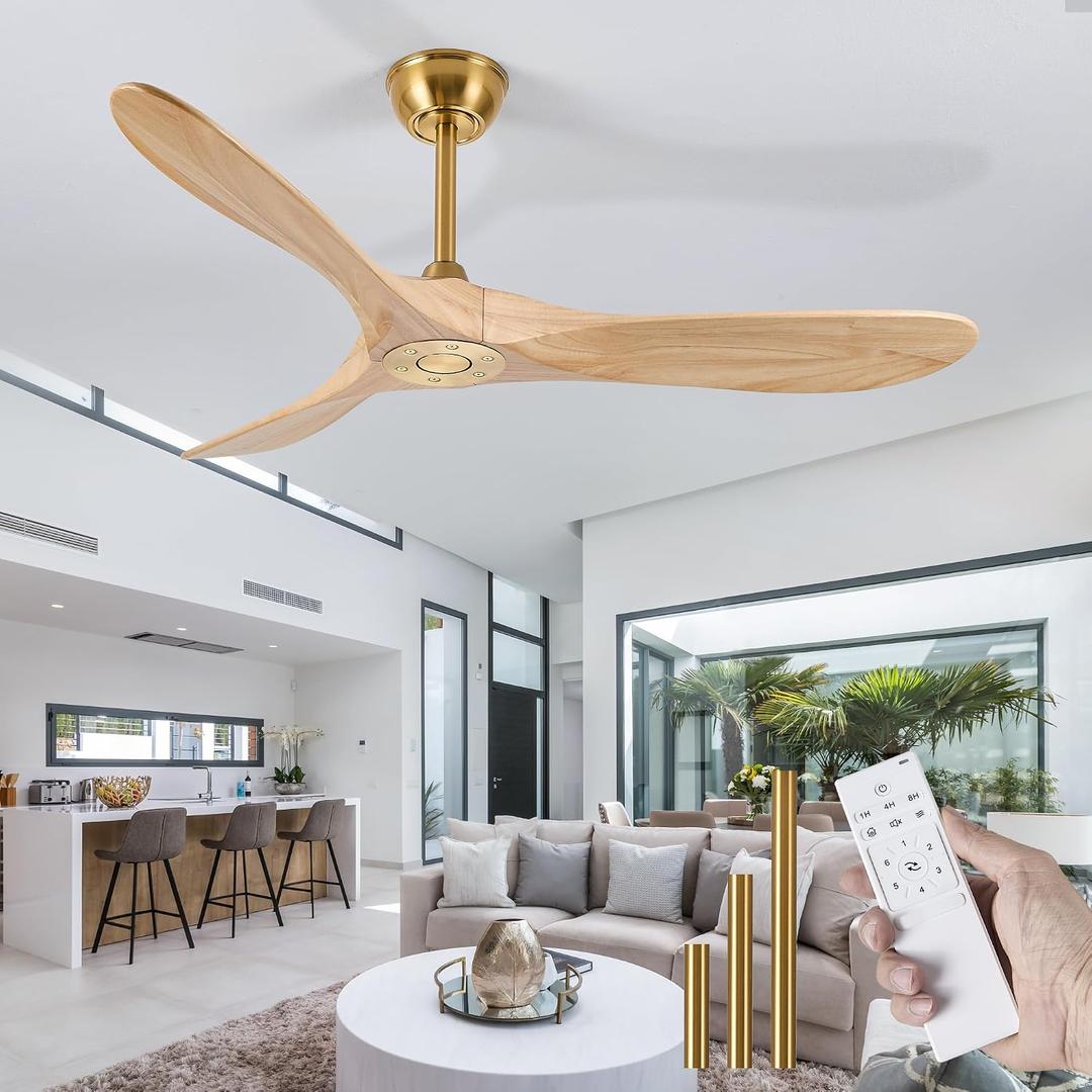 Solid Wood 3 Blade No Light Ceiling Fan, Brass Gold, 52''