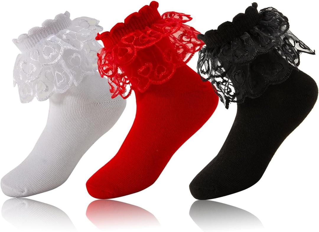 3 Pairs Toddler Girls Ruffle Socks,Cute Frilly Lace Cotton Black White Red School Dress Socks for Girl 1-10 Years (Large)
