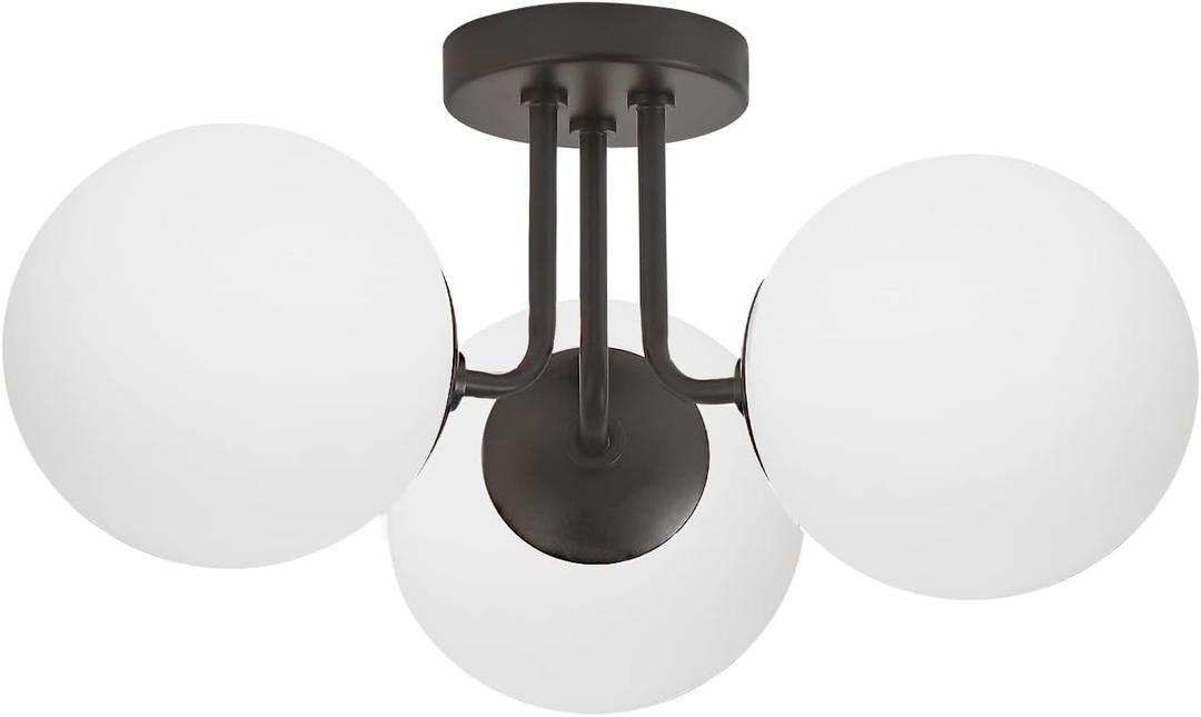 POCHETUI Soft Black 3 Lights Semi Flush Mount Ceiling Light Fixture, Frosted Glass Shade Vintage Close to Ceiling Light Fixture, Modern Flush Mount Light for Bedroom, Living Room Chandelier Lighting