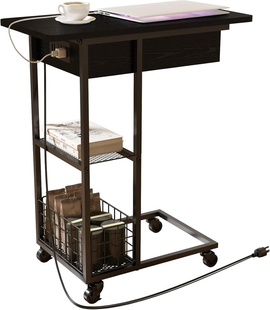 LIDYUK C Shaped End Table with Charging Station, Flip Top Side Table with USB Ports and Outlets, C Table Sofa Table with Storage Shelf for Living Room, Bedroom, Black