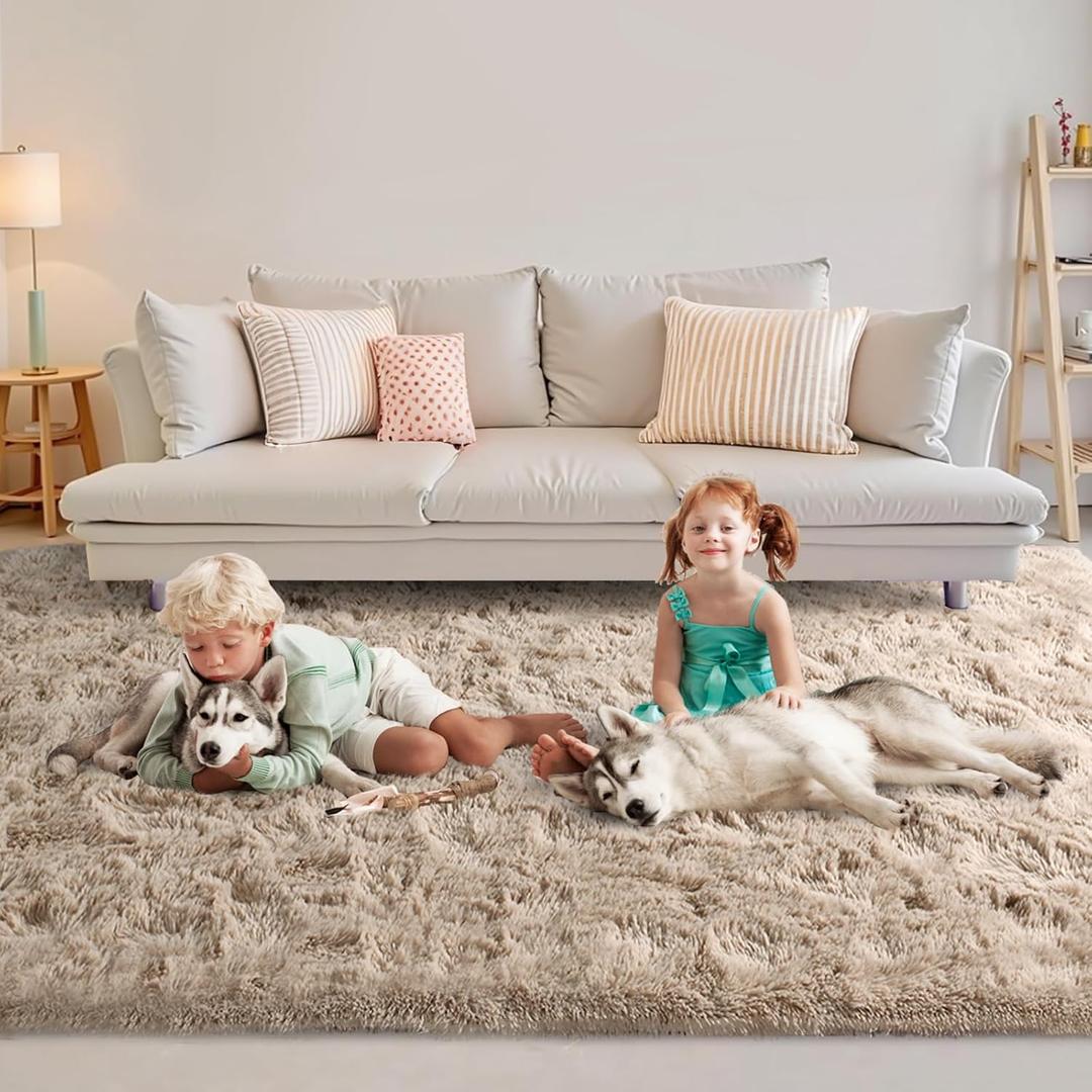 FinRèc 5x7 Feet Tan Rugs for Bedroom Living Room, Fluffy Plush Area Rug, Non-Slip High Pile Shaggy Rug for Kids Room Dorm Room Home Decor, Indoor Solid Shag Floor Carpet