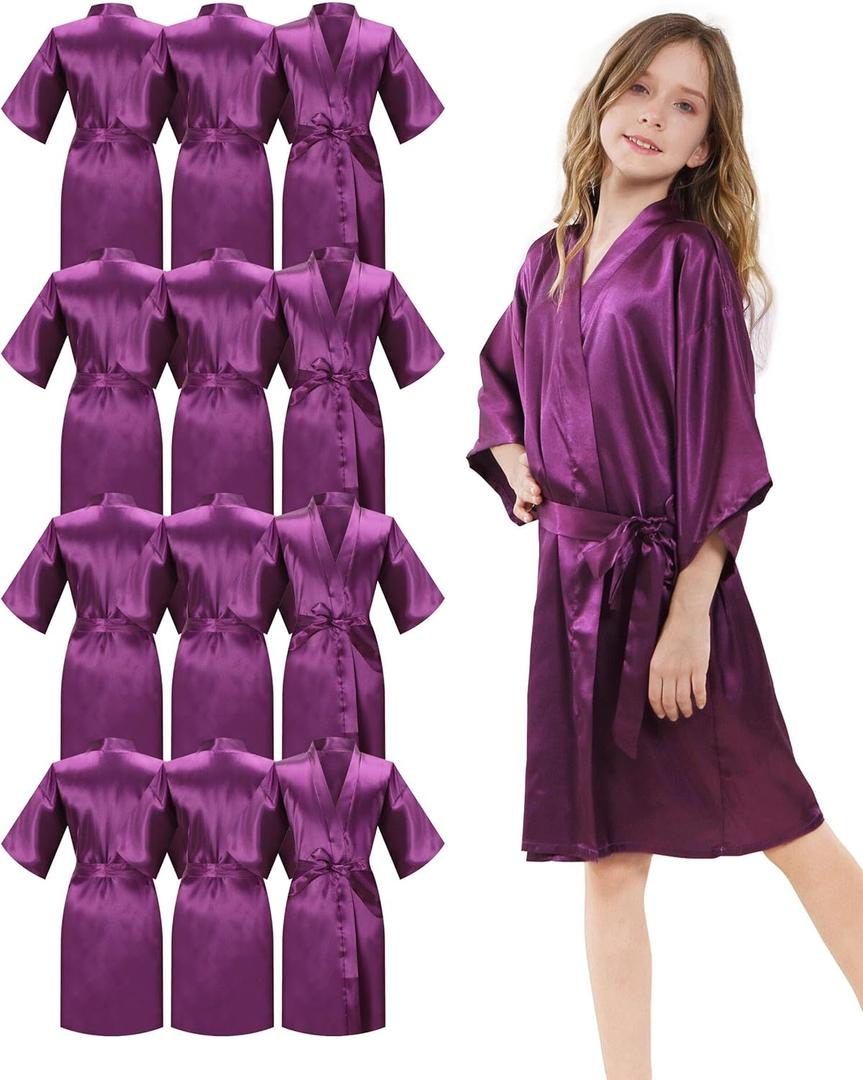 12Pcs Girls Silky Robes Kimono Birthday Kids Spa Party Wedding Bridal Party Flower Girl Robe (8, Purple)